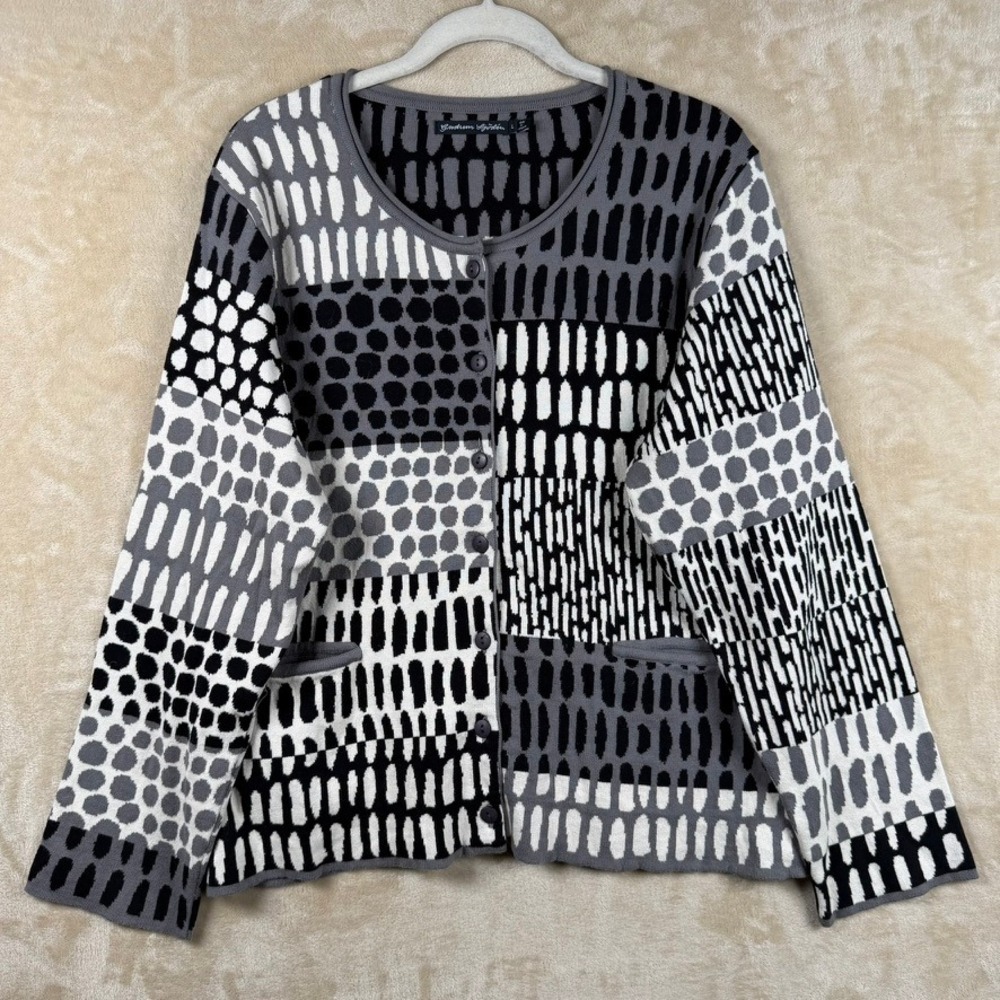 Gudrun Sjoden Organic Cotton Cardigan Geometric Abstract Knit Grey Black L
